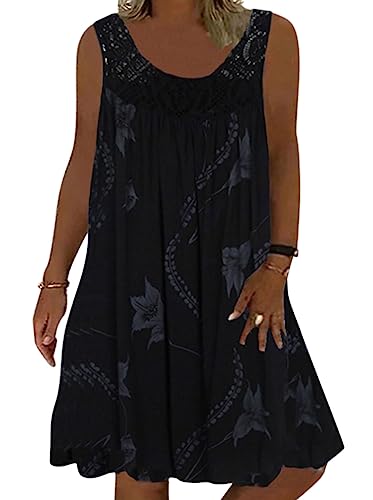 Minetom Sommerkleid Damen Rundhals Spitze Druck Strandkleid A-Linie Kleid Boho Knielang Kleider Ärmellos T-Shirt Kleid A1 Schwarz 3XL von Minetom