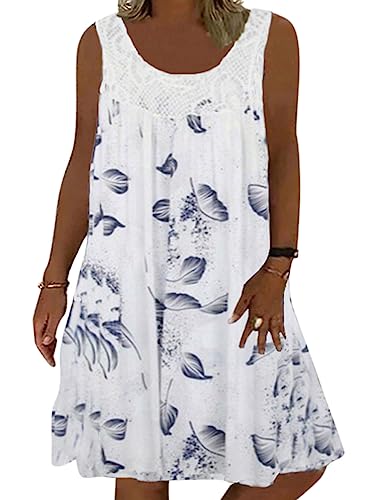 Minetom Sommerkleid Damen Rundhals Spitze Druck Strandkleid A-Linie Kleid Boho Knielang Kleider Ärmellos T-Shirt Kleid A1 Weiß 3XL von Minetom