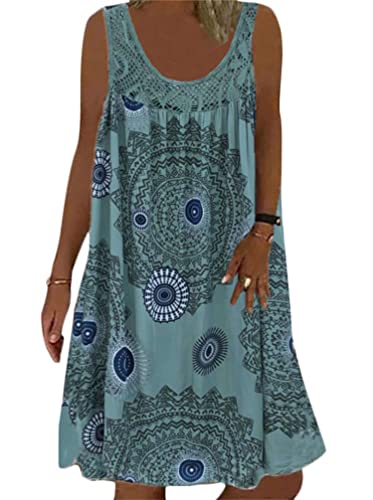 Minetom Sommerkleid Damen Rundhals Spitze Druck Strandkleid A-Linie Kleid Knielang Tunika Kleider Ärmellos T-Shirt Kleid A Armeegrün 3XL von Minetom