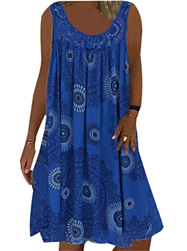 Minetom Sommerkleid Damen Rundhals Spitze Druck Strandkleid A-Linie Kleid Knielang Tunika Kleider Ärmellos T-Shirt Kleid A Blau 3XL von Minetom