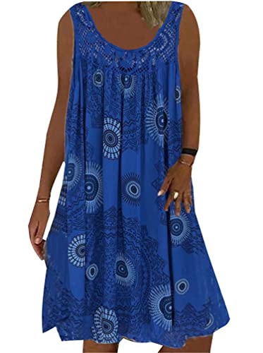 Minetom Sommerkleid Damen Rundhals Spitze Druck Strandkleid A-Linie Kleid Knielang Tunika Kleider Ärmellos T-Shirt Kleid A Blau M von Minetom