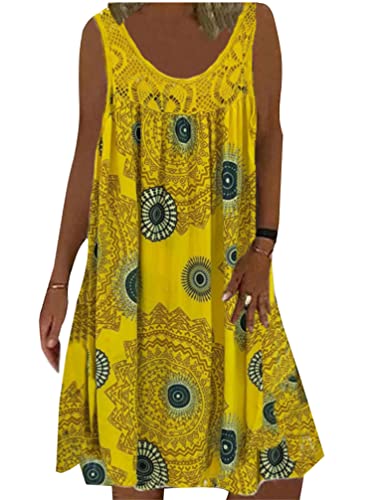 Minetom Sommerkleid Damen Rundhals Spitze Druck Strandkleid A-Linie Kleid Knielang Tunika Kleider Ärmellos T-Shirt Kleid A Gelb 3XL von Minetom