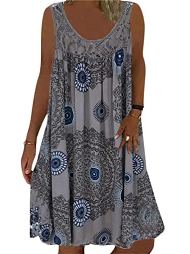 Minetom Sommerkleid Damen Rundhals Spitze Druck Strandkleid A-Linie Kleid Knielang Tunika Kleider Ärmellos T-Shirt Kleid A Grau L von Minetom