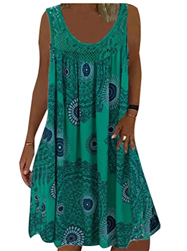 Minetom Sommerkleid Damen Rundhals Spitze Druck Strandkleid A-Linie Kleid Knielang Tunika Kleider Ärmellos T-Shirt Kleid A Grün M von Minetom