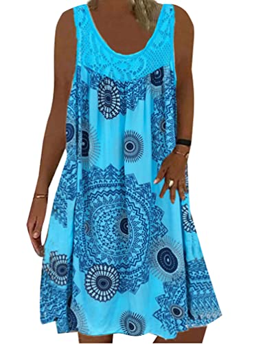 Minetom Sommerkleid Damen Rundhals Spitze Druck Strandkleid A-Linie Kleid Knielang Tunika Kleider Ärmellos T-Shirt Kleid A Hellblau XL von Minetom