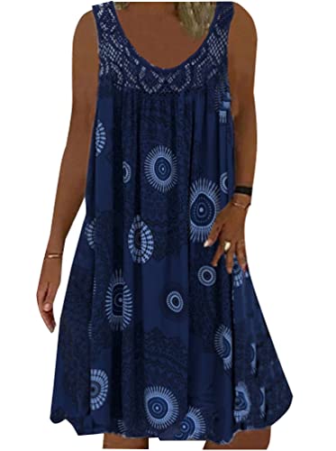 Minetom Sommerkleid Damen Rundhals Spitze Druck Strandkleid A-Linie Kleid Knielang Tunika Kleider Ärmellos T-Shirt Kleid A Marine L von Minetom