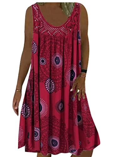 Minetom Sommerkleid Damen Rundhals Spitze Druck Strandkleid A-Linie Kleid Knielang Tunika Kleider Ärmellos T-Shirt Kleid A Rot M von Minetom