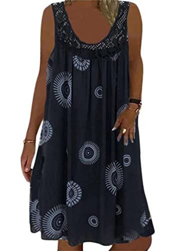 Minetom Sommerkleid Damen Rundhals Spitze Druck Strandkleid A-Linie Kleid Knielang Tunika Kleider Ärmellos T-Shirt Kleid A Schwarz 3XL von Minetom