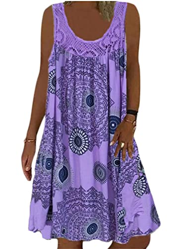 Minetom Sommerkleid Damen Rundhals Spitze Druck Strandkleid A-Linie Kleid Knielang Tunika Kleider Ärmellos T-Shirt Kleid A Violett XL von Minetom