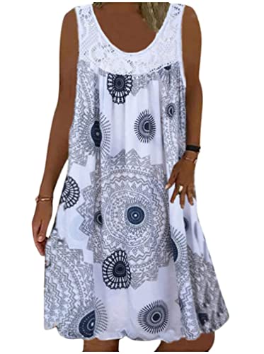 Minetom Sommerkleid Damen Rundhals Spitze Druck Strandkleid A-Linie Kleid Knielang Tunika Kleider Ärmellos T-Shirt Kleid A Weiß M von Minetom