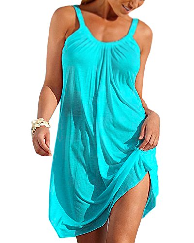 Minetom Sommerkleid Damen Sexy Rundhals Ärmellos Minikleid Beiläufig Lose Einfarbig Freizeitkleid Strandkleid Tunikakleid Spaghetti Top Tank Kurzes Kleid Blau DE 46 von Minetom