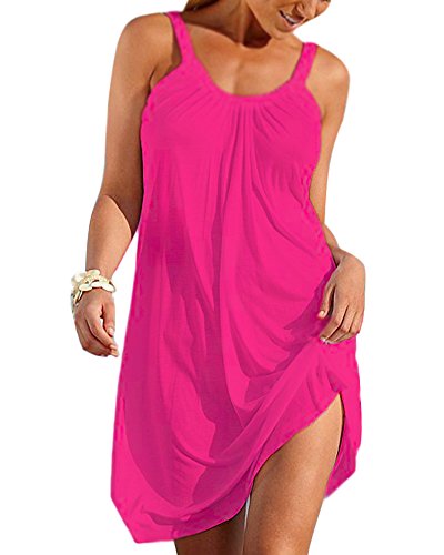 Minetom Sommerkleid Damen Sexy Rundhals Ärmellos Minikleid Beiläufig Lose Einfarbig Freizeitkleid Strandkleid Tunikakleid Spaghetti Top Tank Kurzes Kleid Rose DE 36 von Minetom