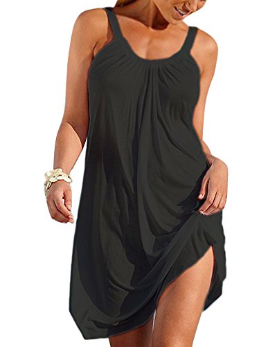 Minetom Sommerkleid Damen Sexy Rundhals Ärmellos Minikleid Beiläufig Lose Einfarbig Freizeitkleid Strandkleid Tunikakleid Spaghetti Top Tank Kurzes Kleid Schwarz DE 40 von Minetom