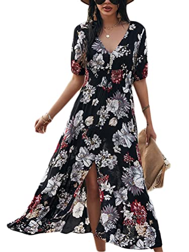 Minetom Sommerkleid Damen Sommer Kleid Maxi Kleider Strandkleid Wickelkleid Kurzarm Boho Blumenmuster Kleid Freizeitkleid Partykleid B Schwarz XL von Minetom