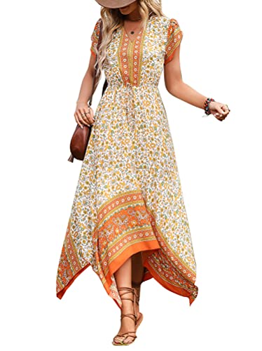 Minetom Sommerkleid Damen Sommer Kleid Maxi Kleider Strandkleid Wickelkleid Kurzarm Boho Blumenmuster Kleid Freizeitkleid Partykleid F Orange XL von Minetom