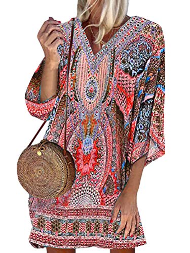 Minetom Sommerkleid Damen Strandkleid Boho Mini Tunika V-Ausschnitt Blumenkleid Loose T-Shirt Kleid Floral Minikleid Sommerkleider C Rot L von Minetom