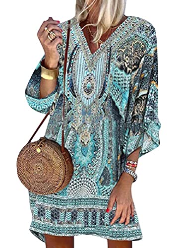 Minetom Sommerkleid Damen Strandkleid Boho Tunika V-Ausschnitt Blumenkleid Loose T-Shirt Kleid Floral Minikleid C Grün L von Minetom