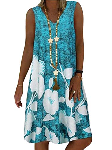 Minetom Sommerkleid Damen V-Ausschnitt Strandkleid A-Linie Kleid Knielang Kleid Ärmellos T-Shirt Kleid B Blau 3XL von Minetom