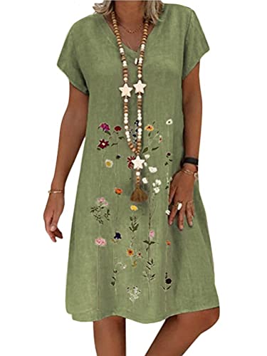 Minetom Sommerkleid Damen V-Ausschnitt Strandkleider Einfarbig A-Linie Kleid Boho Blumendruck Lose Knielang Kleid Kurzarm T-Shirt Kleid C Khaki XXL von Minetom