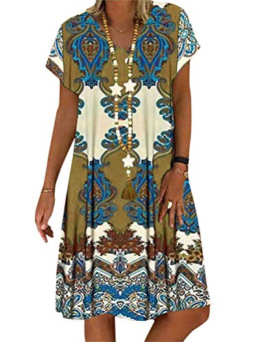 Minetom Sommerkleid Damen V-Ausschnitt Strandkleider Einfarbig A-Linie Kleid Boho Blumendruck Lose Knielang Kleid Kurzarm T-Shirt Kleid D Khaki 3XL von Minetom