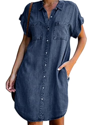 Minetom Sommerkleid Jeans Kleider Damen V-Ausschnitt Strandkleider Einfarbig A-Linie Kleid Boho Knielang Kleid Ohne Zubehör Denimkleid Blau 38 von Minetom