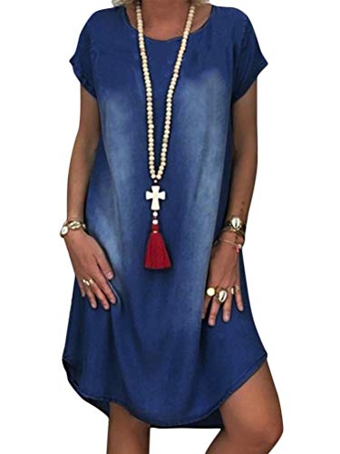 Minetom Sommerkleid Jeans Kleider Damen V-Ausschnitt Strandkleider Einfarbig A-Linie Kleid Boho Knielang Kleid Ohne Zubehör Denimkleid H Dunkelblau 46 von Minetom