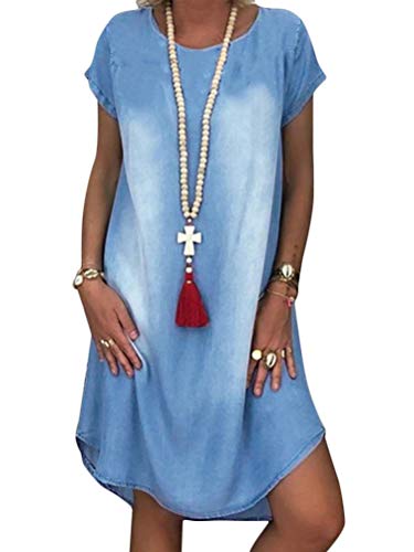 Minetom Sommerkleid Jeans Kleider Damen V-Ausschnitt Strandkleider Einfarbig A-Linie Kleid Boho Knielang Kleid Ohne Zubehör Denimkleid H Hellblau 46 von Minetom