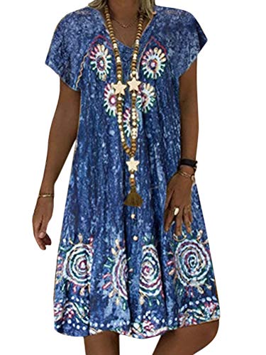 Minetom Sommerkleid Kleider Damen Strand Vintage V-Ausschnitt Kurzarm Strandkleider Blumendruck A-Linie Kleid Boho Lose Knielang Kleid D Blau 48 von Minetom