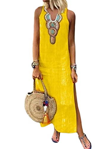 Minetom Sommerkleid Kleider Damen V-Ausschnitt Strandkleider Einfarbig A-Linie Kleid Boho Maxi Kleid Ohne Zubehör P Gelb 42 von Minetom