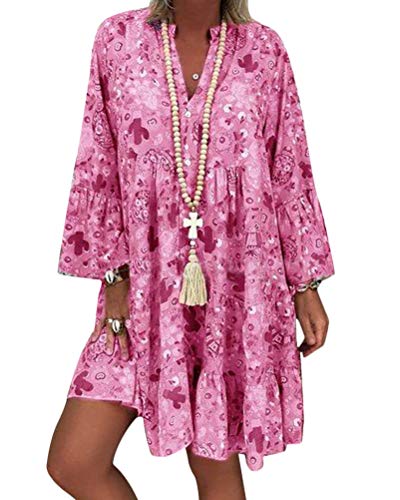 Minetom Sommerkleider Damen Strandkleid Boho Langarm Tunika Sommerkleid V-Ausschnitt Blumenkleid Loose T-Shirt Kleid A-Linie Floral Minikleid A Rosa XXL von Minetom
