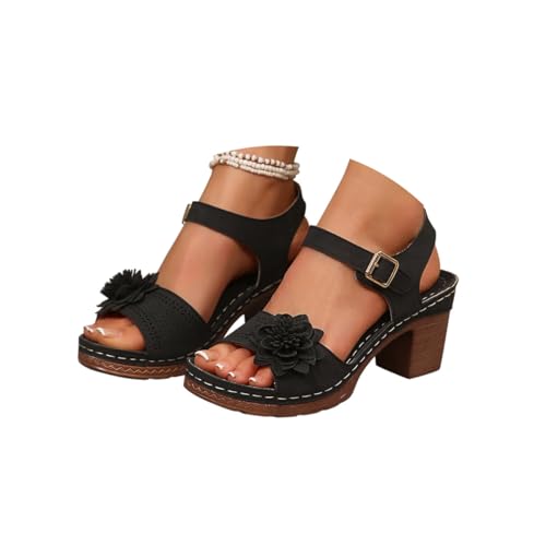 Minetom Sommerschuhe Damen Blumen Sandalen Mit Knöchelriemen Und Blockabsatz Sandaletten Bequeme Für Breite Füße Römersandalen A Schwarz 36 EU von Minetom