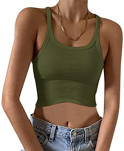 Minetom Spaghetti Top Damen Cropped Tops Gerippt Sexy Ärmellose T-Shirt Gerippte Tank Top Halter Hals U-Ausschnitt Camisole Basic Einfarbig Sommer Shirts Y2K Oberteile A Armeegrün S von Minetom