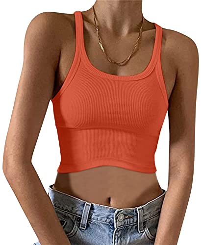 Minetom Spaghetti Top Damen Cropped Tops Gerippt Sexy Ärmellose T-Shirt Gerippte Tank Top Halter Hals U-Ausschnitt Camisole Basic Einfarbig Sommer Shirts Y2K Oberteile A Orange S von Minetom