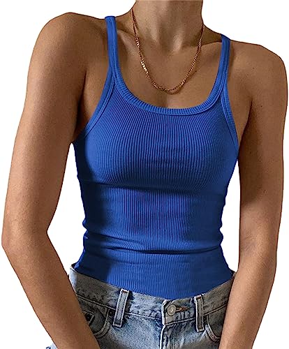 Minetom Spaghetti Top Damen Cropped Tops Gerippt Sexy Ärmellose T-Shirt Gerippte Tank Top Halter Hals U-Ausschnitt Camisole Basic Einfarbig Sommer Shirts Y2K Oberteile B Blau M von Minetom