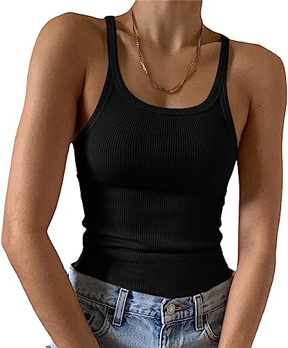 Minetom Spaghetti Top Damen Cropped Tops Gerippt Sexy Ärmellose T-Shirt Gerippte Tank Top Halter Hals U-Ausschnitt Camisole Basic Einfarbig Sommer Shirts Y2K Oberteile B Schwarz XS von Minetom