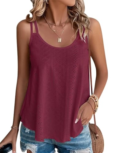 Minetom Spaghetti Top Damen Sommer Tank Top Ärmellose Trägershirt Elegante Sexy Cami Tops Mode Spaghettiträger Longtop mit Eyelet Spitze Casual Tanktops Frauen A Weinrot L von Minetom