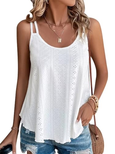 Minetom Spaghetti Top Damen Sommer Tank Top Ärmellose Trägershirt Elegante Sexy Cami Tops Mode Spaghettiträger Longtop mit Eyelet Spitze Casual Tanktops Frauen A Weiß L von Minetom