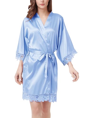 Minetom Spitze Kimono Damen Satin Bademantel Kurz Brautjungfern Morgenmantel Nachtwäsche Frauen Braut Hochzeit Party Nachthemd Pajama mit Gürtel A Hellblau Einheitsgröße von Minetom