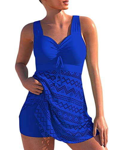 Minetom Spitze Tankini Damen Bauchweg Bademode Set Zweiteilig Push up mit Einstellbarer Badeanzug Oberteil Bikini Set Große Größen Strand Schwimmanzug A Marine L von Minetom