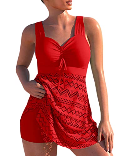 Minetom Spitze Tankini Damen Bauchweg Bademode Set Zweiteilig Push up mit Einstellbarer Badeanzug Oberteil Bikini Set Große Größen Strand Schwimmanzug A Rot L von Minetom