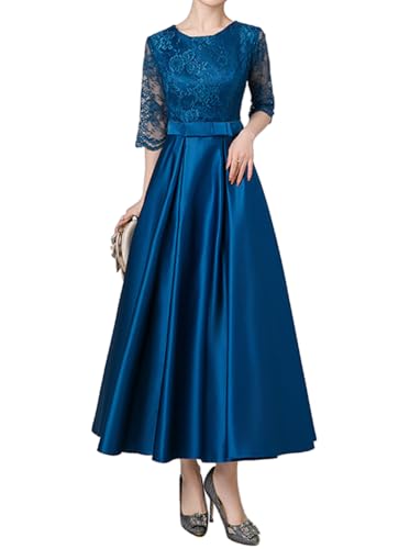 Minetom Spitzenkleid Damen Abendkleider Elegant Hochzeit Festliche Kleid Rundhals 3/4 Ärmel A-Linie Brautjungfernkleid Partykleid Ballkleid Lang Cocktailkleid A Blau XL von Minetom