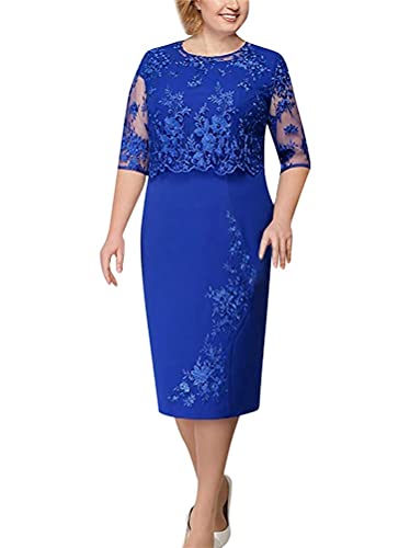 Minetom Spitzenkleid Damen Elegant Abendkleid Cocktailkleider Partykleid Kleid Übergröße Midikleid A Blau XXL von Minetom