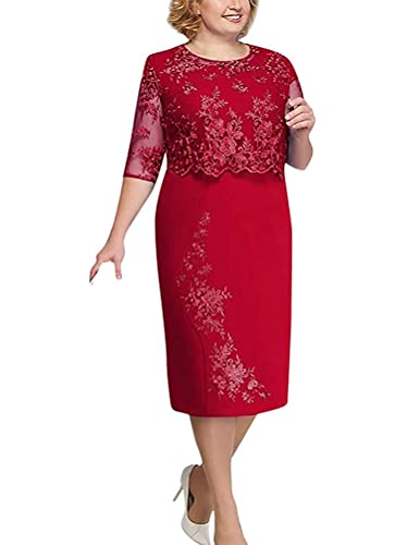 Minetom Spitzenkleid Damen Elegant Abendkleid Cocktailkleider Partykleider Brautjungfer Kleid Übergröße Midikleid A Rot XXL von Minetom