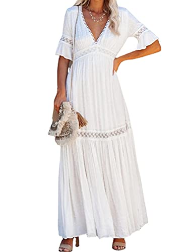 Minetom Spitzenkleid Damen Sommer Kurzarm V-Ausschnitt Retro Spitzen Strandkleid Maxi Kleider Boho Lang Sommerkleid I Weiß 38 von Minetom