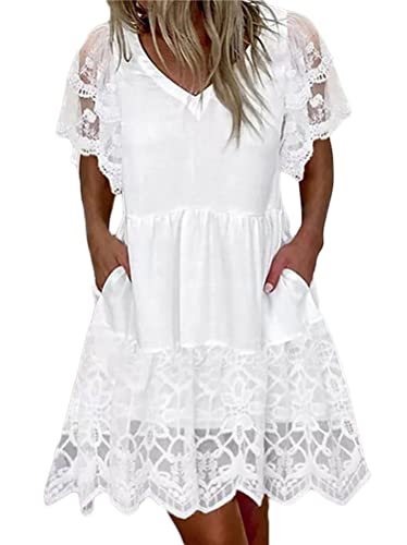 Minetom Spitzenkleid Damen V-Ausschnitt Retro Sommer Spitzen Strandkleid Mini Kleider Boho Sommerkleid A-Linie Kleid F Weiß XL von Minetom