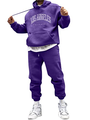 Minetom Sportbekleidung Trainingsanzug Herren Los Angeles Druck Hoodie Mit Kapuze Langarm Mit Taschen Hausanzug 2-Teilig Herbst Winter Kapuzenjacke Jogginghose Jogginganzug Set A Violett L von Minetom