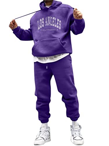 Minetom Sportbekleidung Trainingsanzug Herren Los Angeles Druck Hoodie Mit Kapuze Langarm Mit Taschen Hausanzug 2-Teilig Herbst Winter Kapuzenjacke Jogginghose Jogginganzug Set C Violett L von Minetom