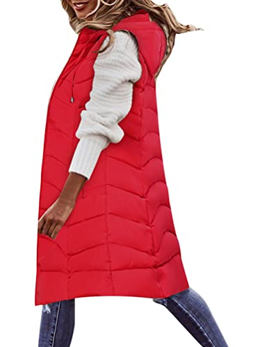 Minetom Steppweste Damen Lang Weste Ärmellos Warm Jacke Daunenweste Reißverschluss Lange Jacke mit Taschen Winter Outdoor Mantel Steppjacke A Rot L von Minetom