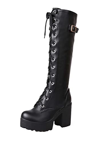 Minetom Stiefel Damen Biker Stiefel Schnürstiefel Chunky Heel Damenschuhe Stiefel Schnürstiefel Blockabsatz High Heels Plateau Gothic Kniestiefel Punk Kniehohe Stiefel A Schwarz 39 EU von Minetom