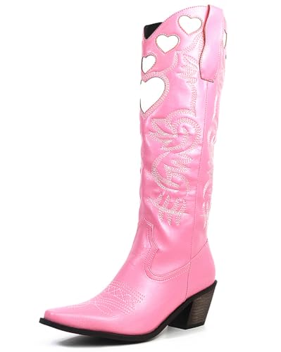 Minetom Stiefel Damen Herzförmig Winterstiefel Mit Blockabsatz Langschaft Boots Cowboy Stiefel Retro Westernstiefel Winterschuhe A Rosa 35 EU von Minetom